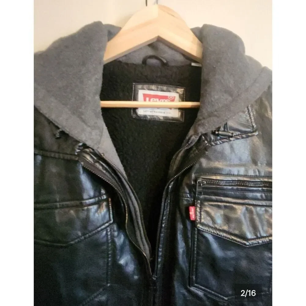O2 Levi Strauss & Co Black soft Faux Leather Sherpa-Lined Moto Jacket w Hoodie